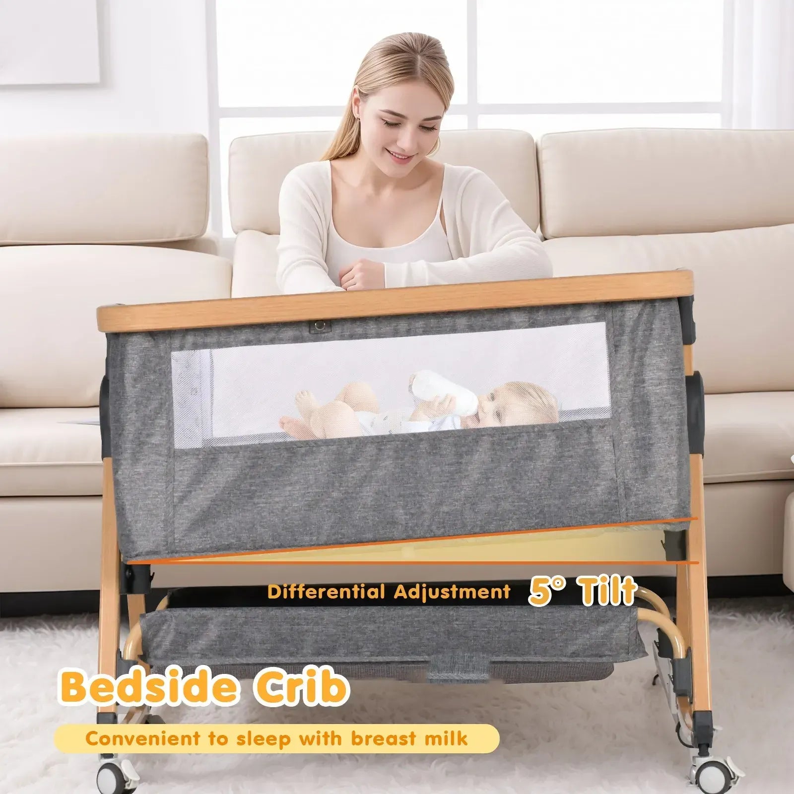 3 in 1 Grey Baby Bassinet Bedside Crib with Mattress, Adjustable Height and Storage Basket - Image 7