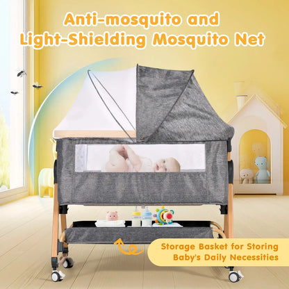 3 in 1 Grey Baby Bassinet Bedside Crib with Mattress, Adjustable Height and Storage Basket - Image 8