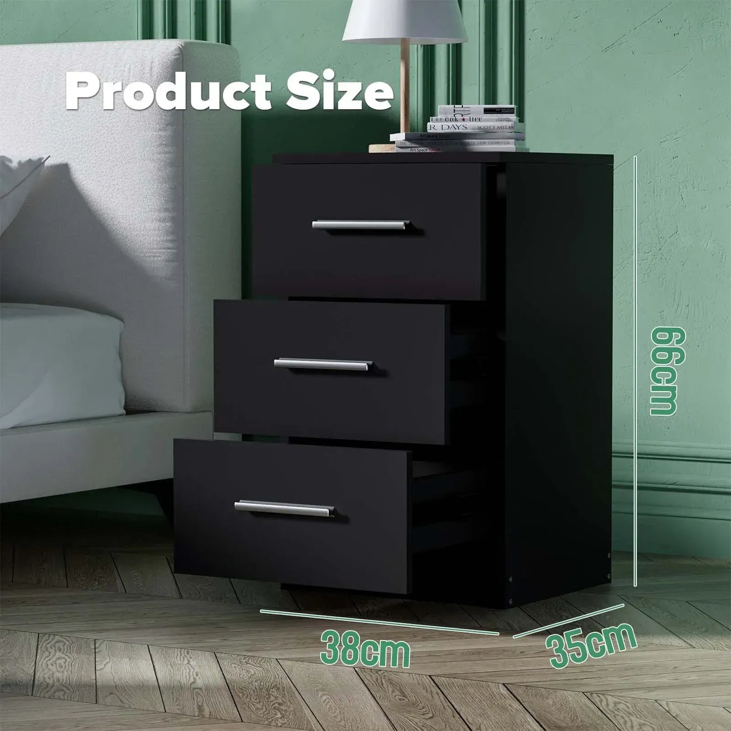 Black White Black Bedside Table with 3 Drawers, Modern Design, 38x35x66cm Storage Cabinet - Image 5
