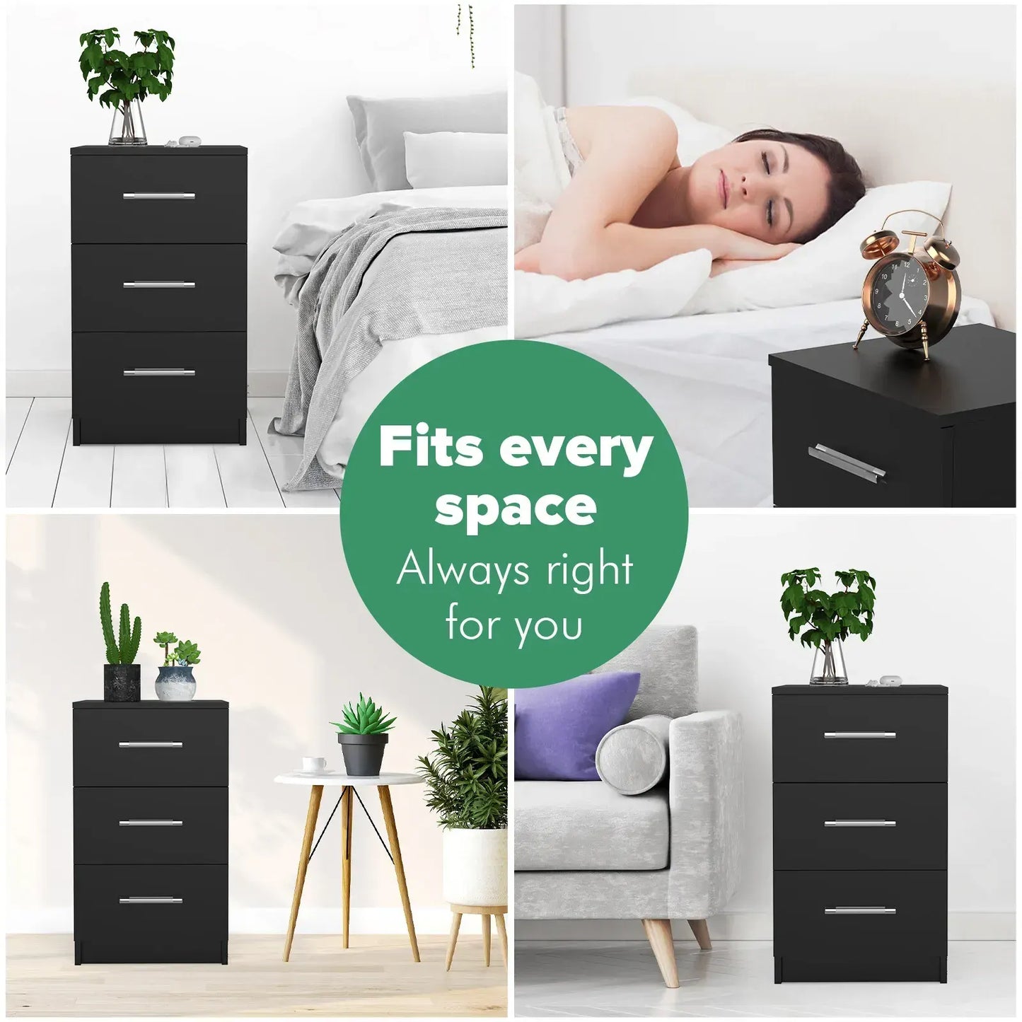 Black White Black Bedside Table with 3 Drawers, Modern Design, 38x35x66cm Storage Cabinet - Image 6