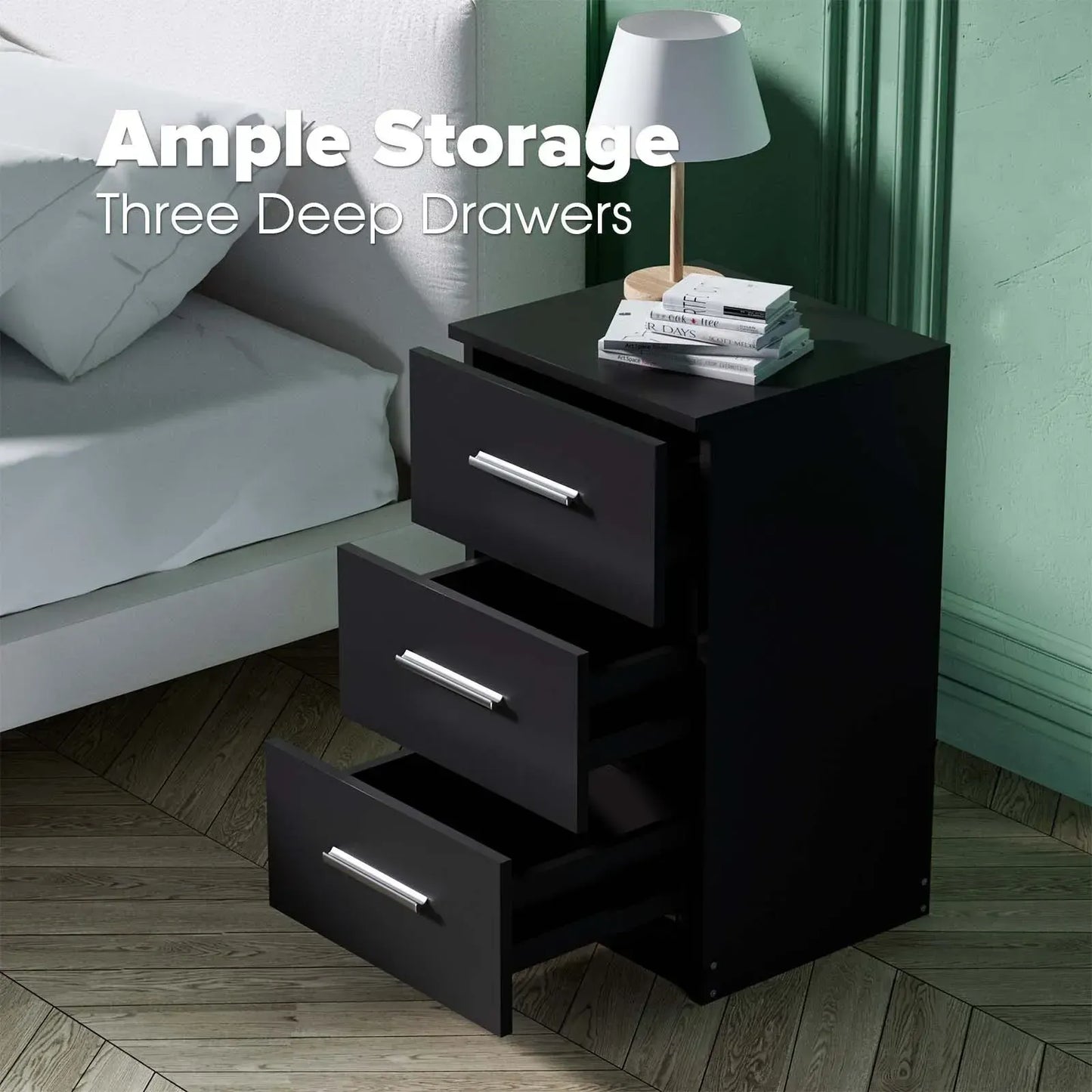 Black White Black Bedside Table with 3 Drawers, Modern Design, 38x35x66cm Storage Cabinet - Image 7