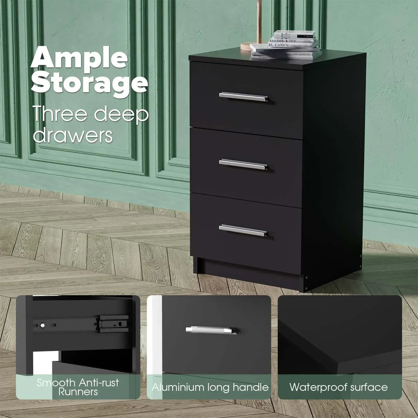 Black White Black Bedside Table with 3 Drawers, Modern Design, 38x35x66cm Storage Cabinet - Image 8