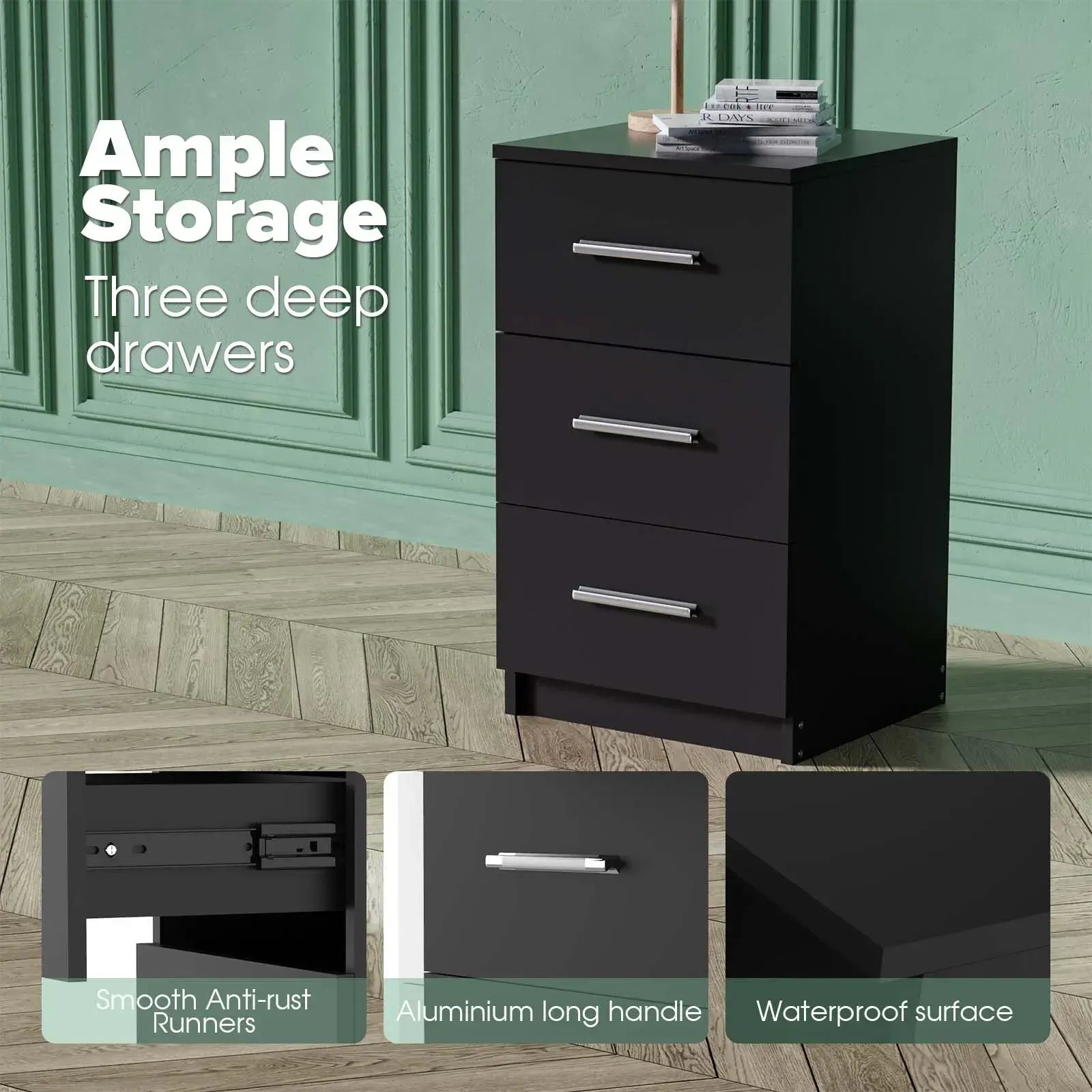 Black White Black Bedside Table with 3 Drawers, Modern Design, 38x35x66cm Storage Cabinet - Image 8