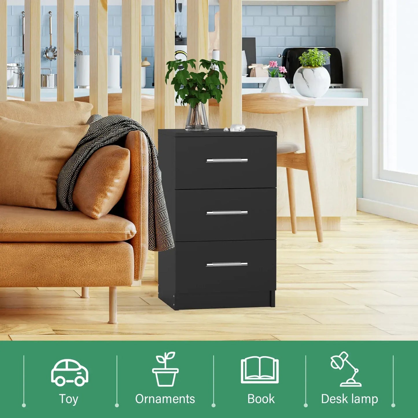 Black White Black Bedside Table with 3 Drawers, Modern Design, 38x35x66cm Storage Cabinet - Image 9