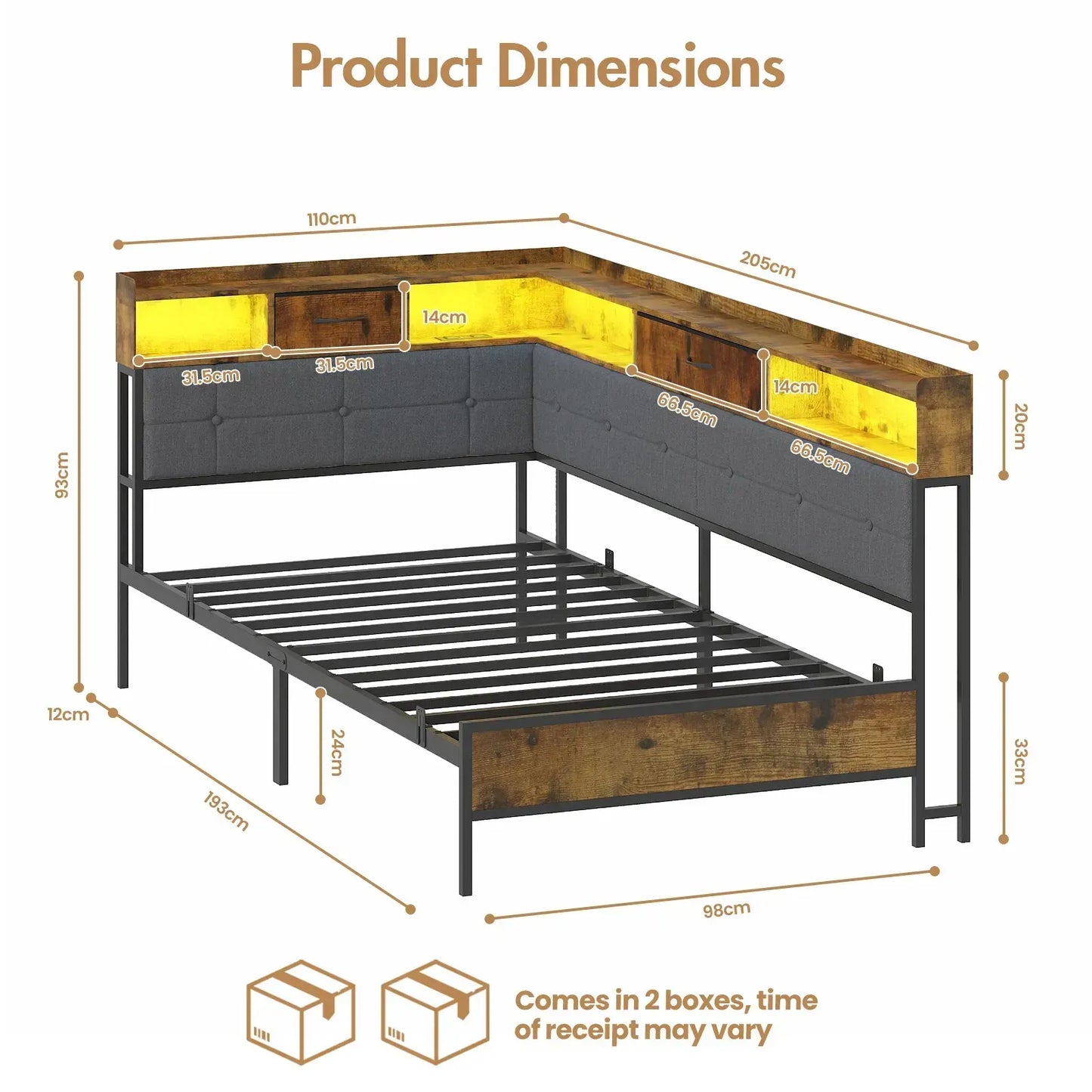 Walnut Single LED Corner Bed Frame in Black with 2 Storage Drawers and Charging Station - Image 2