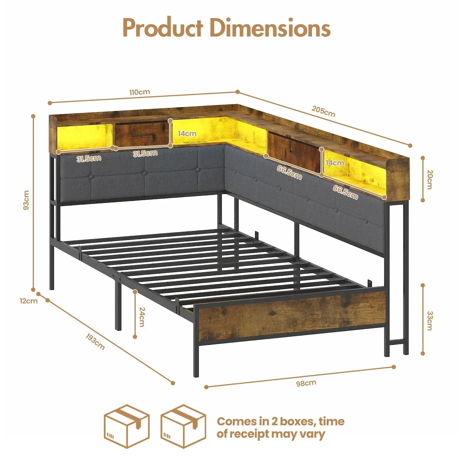 Walnut Single LED Corner Bed Frame in Black with 2 Storage Drawers and Charging Station - Image 2