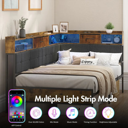Walnut Single LED Corner Bed Frame in Black with 2 Storage Drawers and Charging Station - Image 3