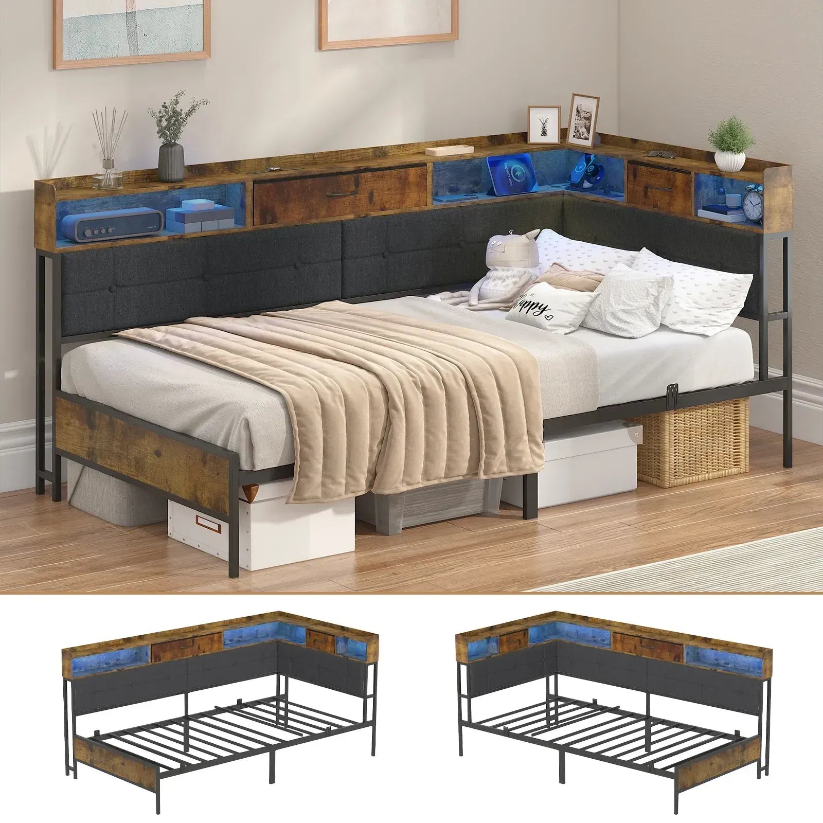 Walnut Single LED Corner Bed Frame in Black with 2 Storage Drawers and Charging Station - Image 6