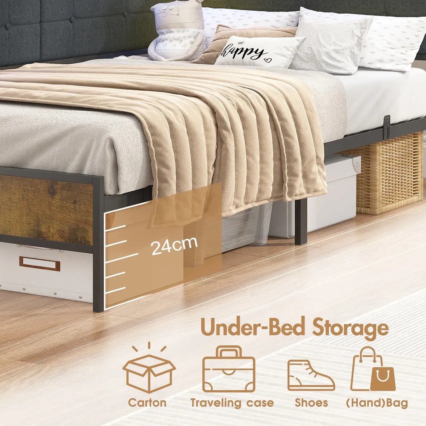 Walnut Single LED Corner Bed Frame in Black with 2 Storage Drawers and Charging Station - Image 7