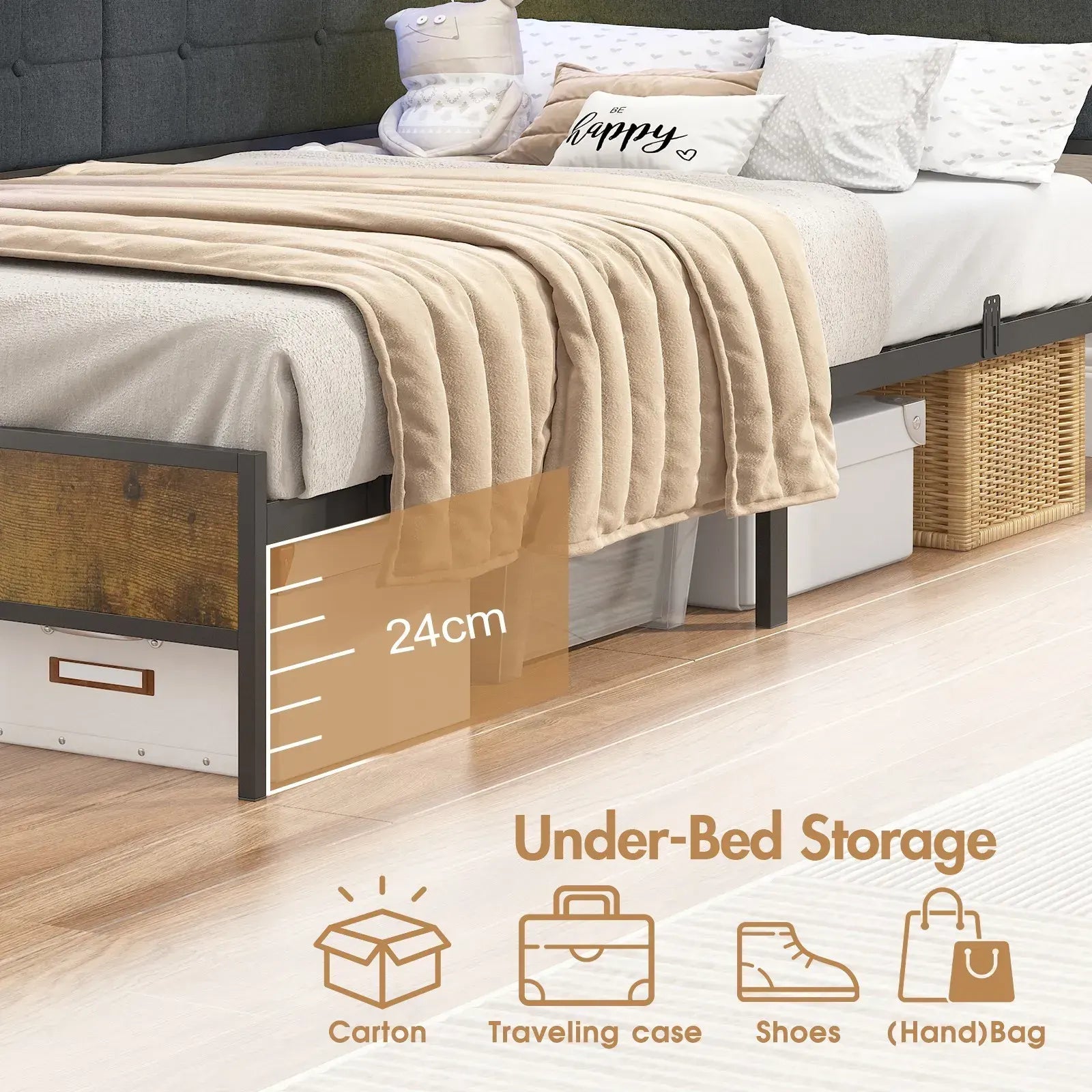 Walnut Single LED Corner Bed Frame in Black with 2 Storage Drawers and Charging Station - Image 7