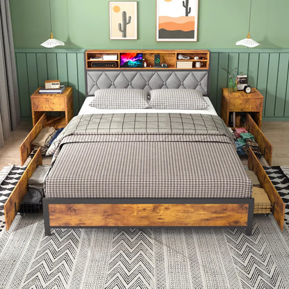 Double Bed Frame with 4 Storage Drawers, Charging Station, USB Ports, Black