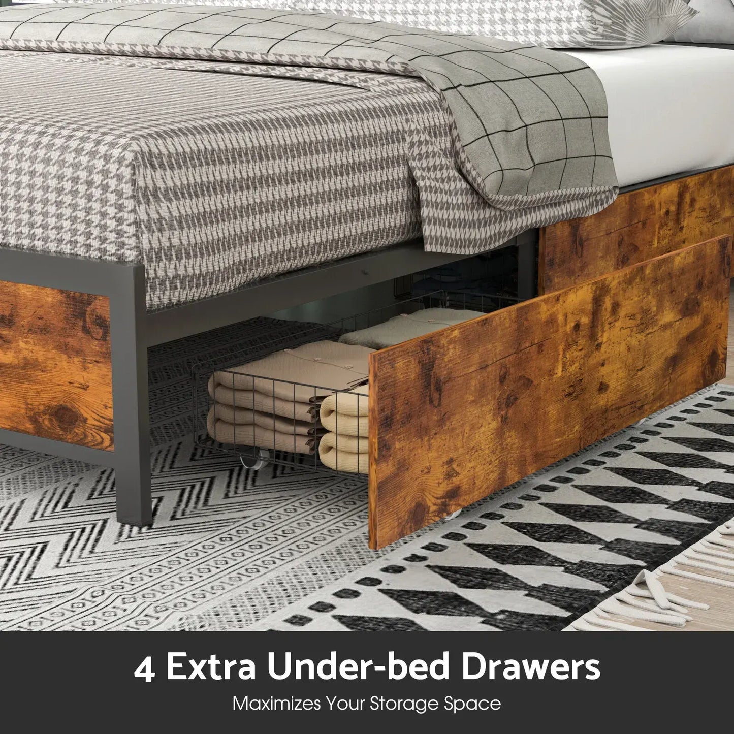 Double Bed Frame with 4 Storage Drawers, Charging Station, USB Ports, Black - Image 2