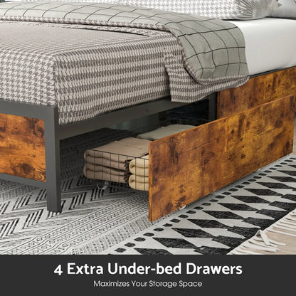 Double Bed Frame with 4 Storage Drawers, Charging Station, USB Ports, Black - Image 2