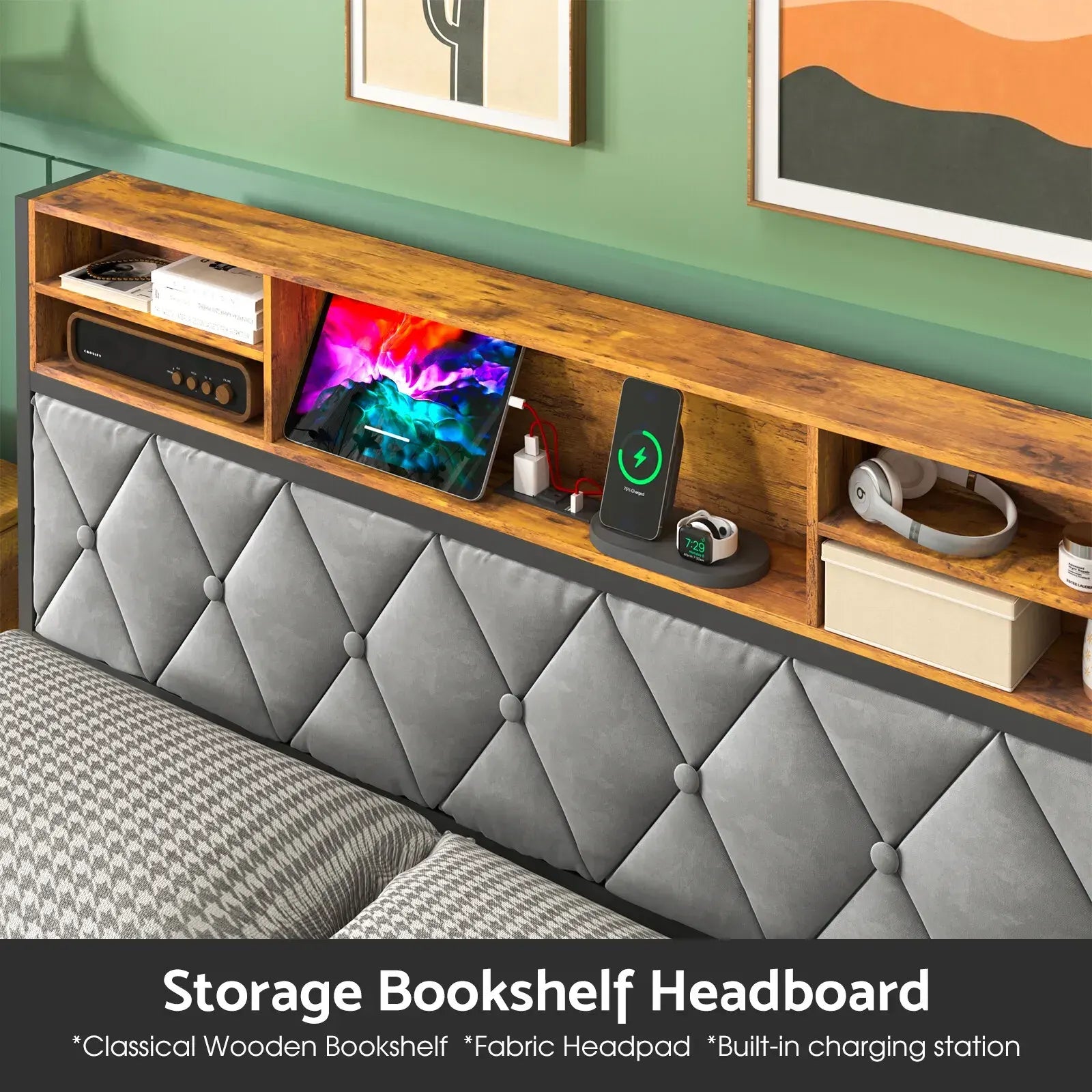 Double Bed Frame with 4 Storage Drawers, Charging Station, USB Ports, Black - Image 3