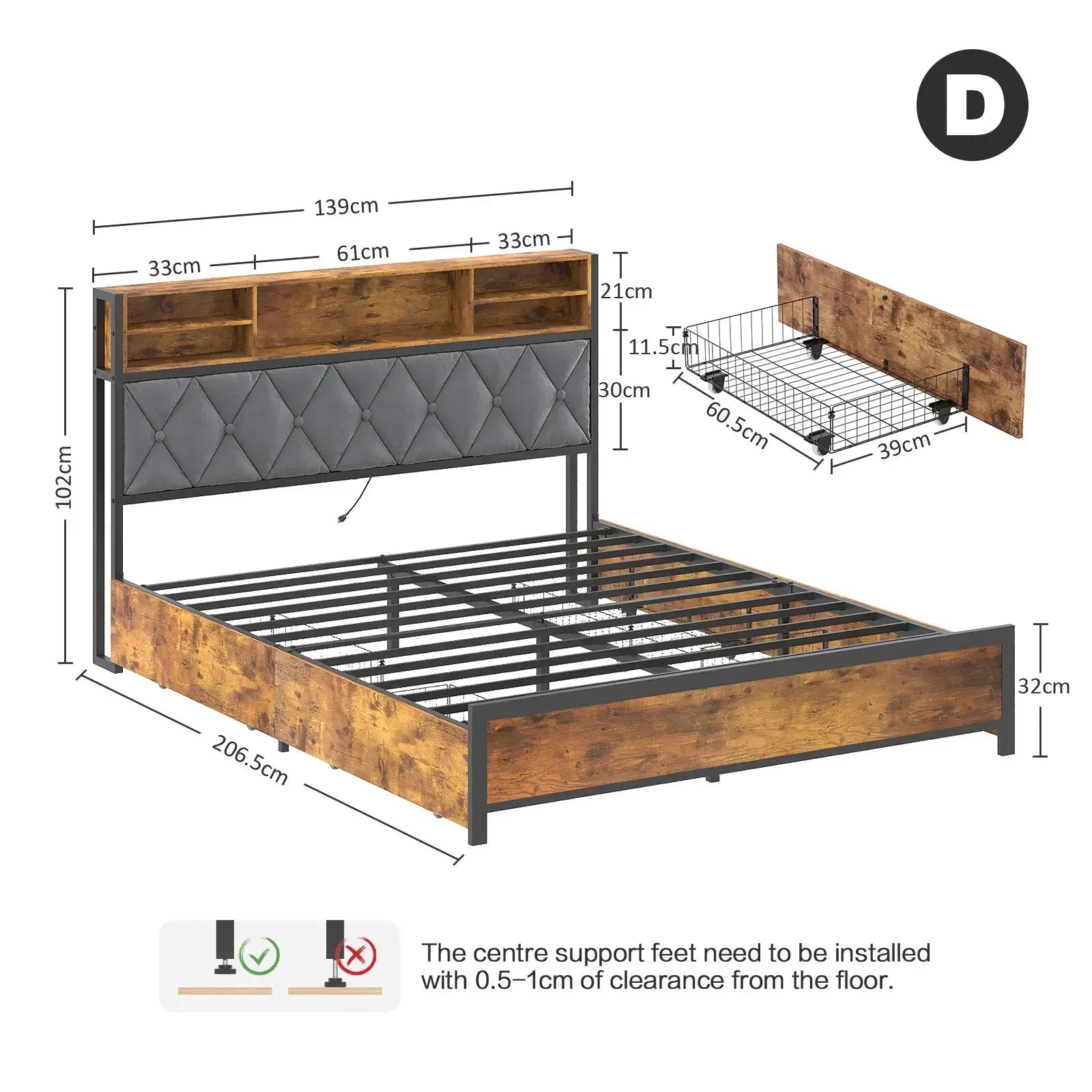 Double Bed Frame with 4 Storage Drawers, Charging Station, USB Ports, Black - Image 5