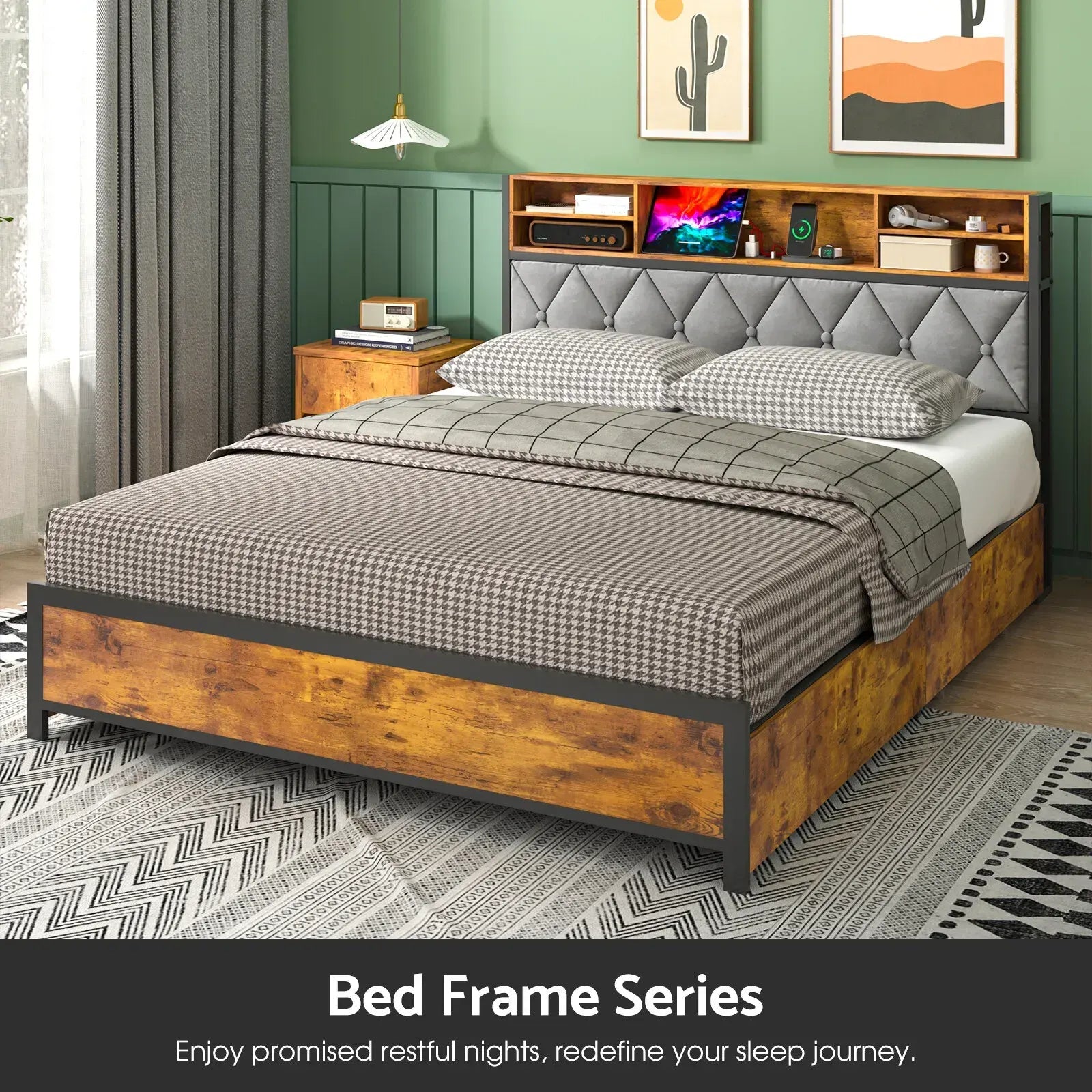 Double Bed Frame with 4 Storage Drawers, Charging Station, USB Ports, Black - Image 7