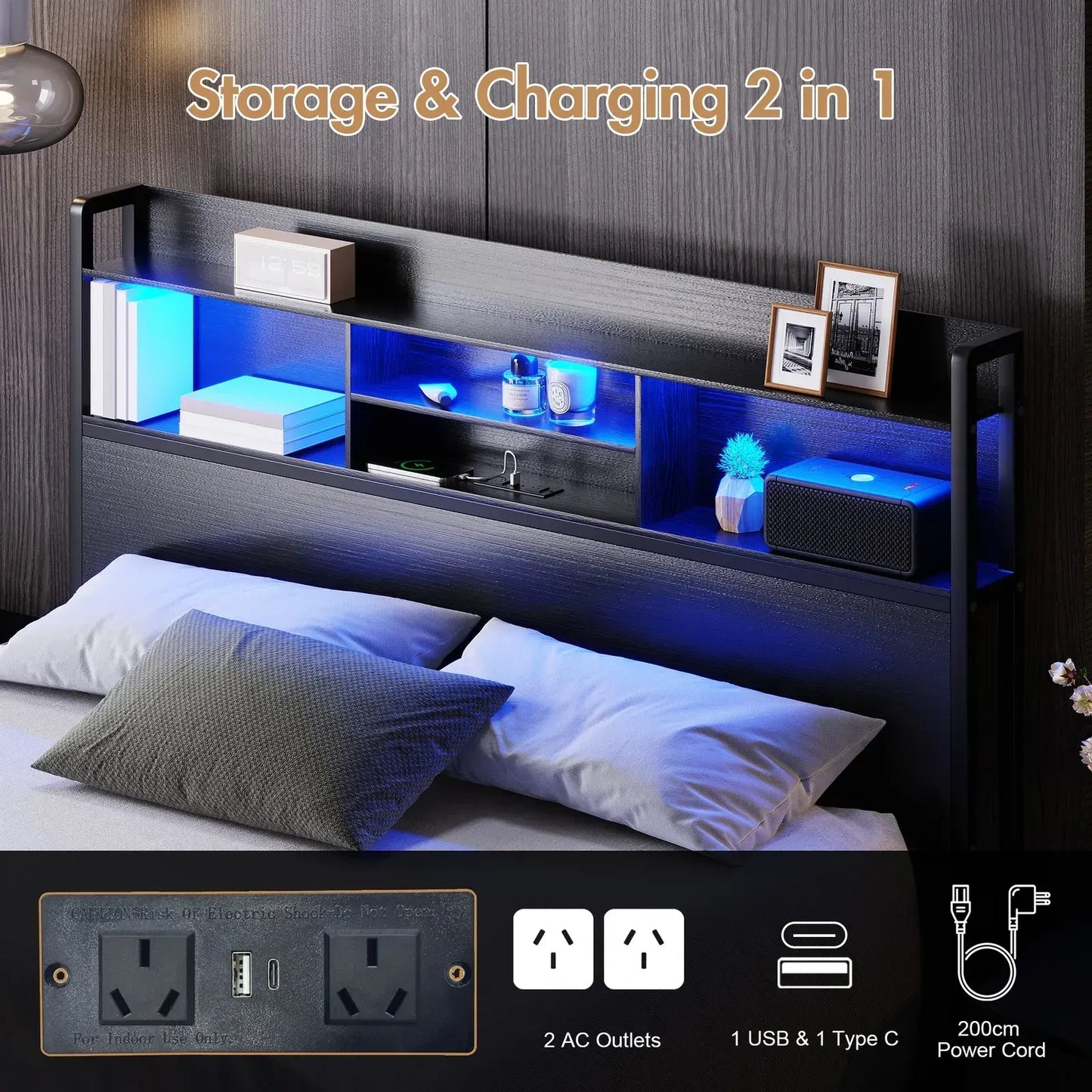 Double Black LED Bed Frame with 2 Storage Drawers and Charging Station - Image 2