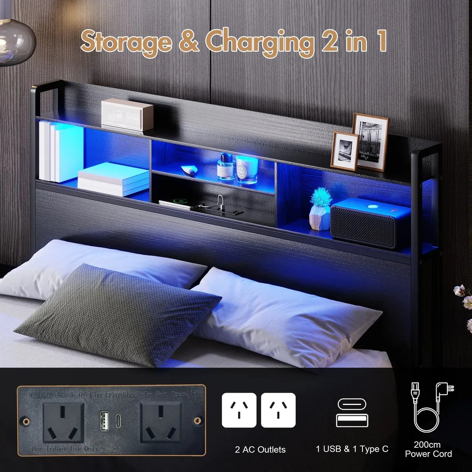 Double Black LED Bed Frame with 2 Storage Drawers and Charging Station - Image 2