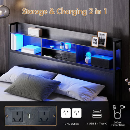 Double Black LED Bed Frame with 2 Storage Drawers and Charging Station - Image 2