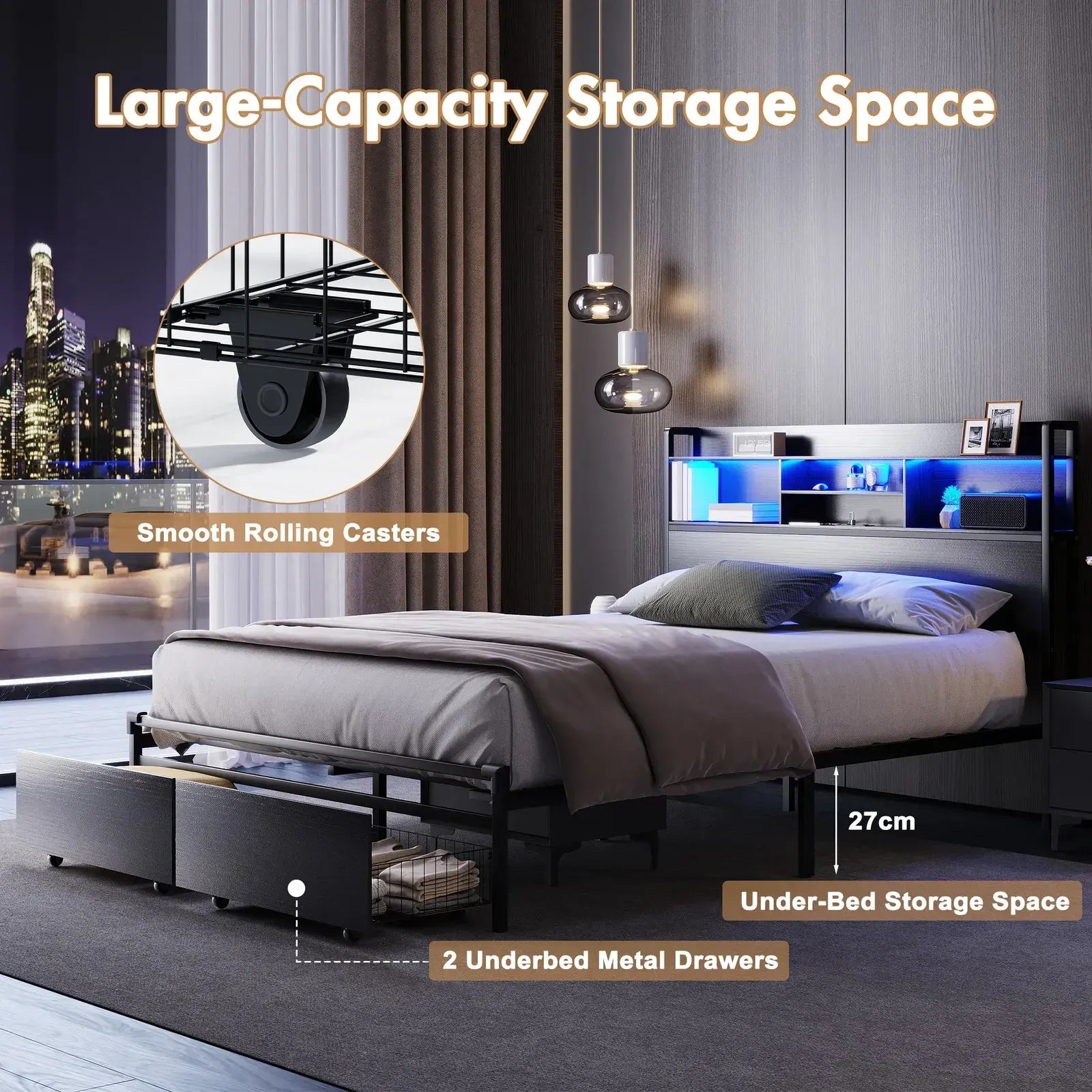 Double Black LED Bed Frame with 2 Storage Drawers and Charging Station - Image 3