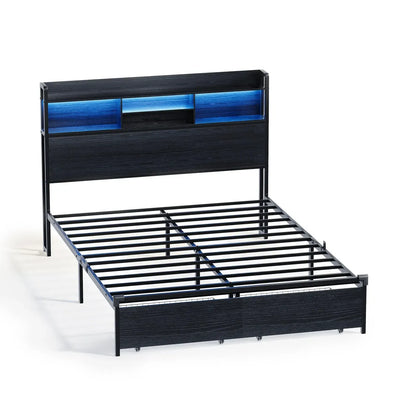 Double Black LED Bed Frame with 2 Storage Drawers and Charging Station - Image 4