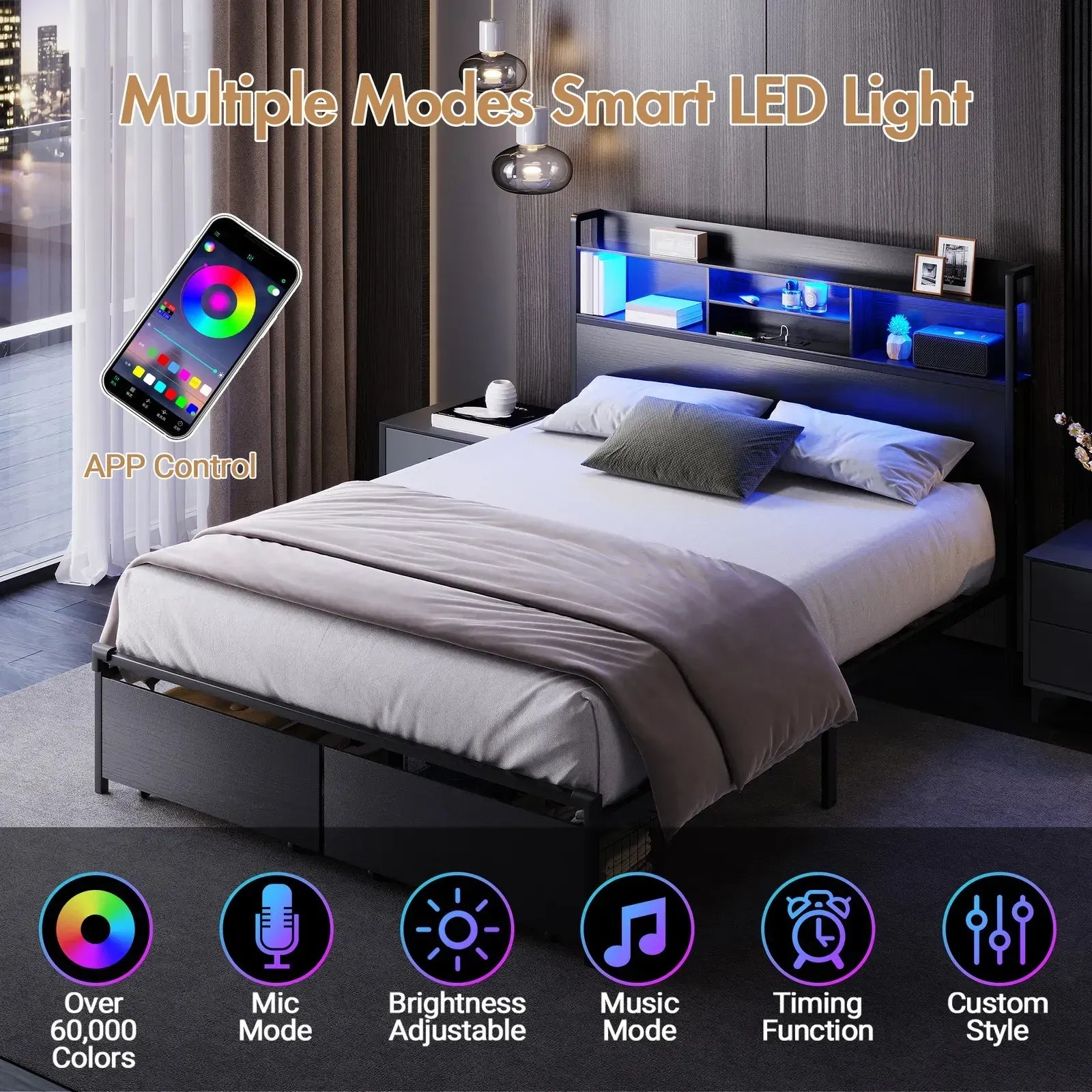 Double Black LED Bed Frame with 2 Storage Drawers and Charging Station - Image 5