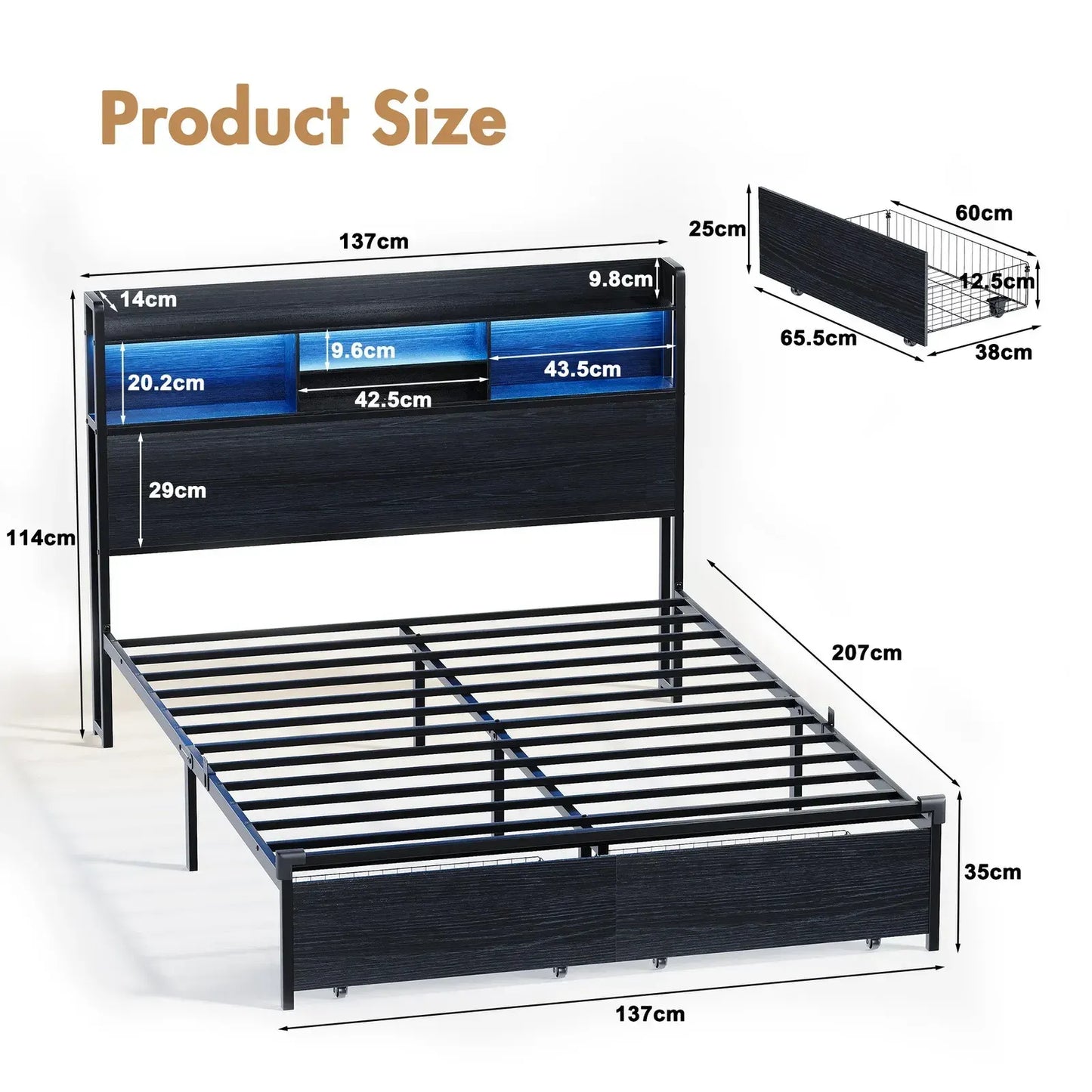 Double Black LED Bed Frame with 2 Storage Drawers and Charging Station - Image 7