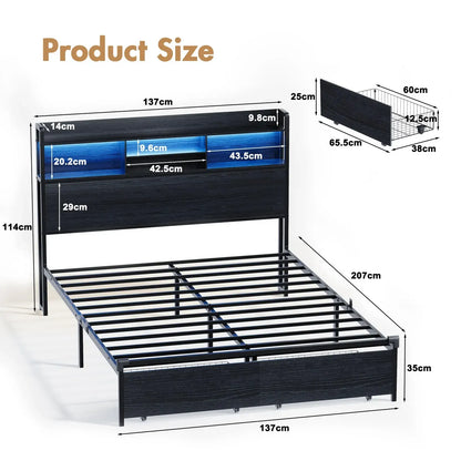 Double Black LED Bed Frame with 2 Storage Drawers and Charging Station - Image 7