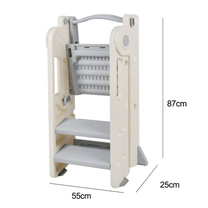 Foldable Kids Step Stool Kitchen Helper Tower in Grey, Adjustable Height, 55x55x79cm - Image 3