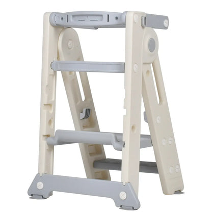 Foldable Kids Step Stool Kitchen Helper Tower in Grey, Adjustable Height, 55x55x79cm - Image 8