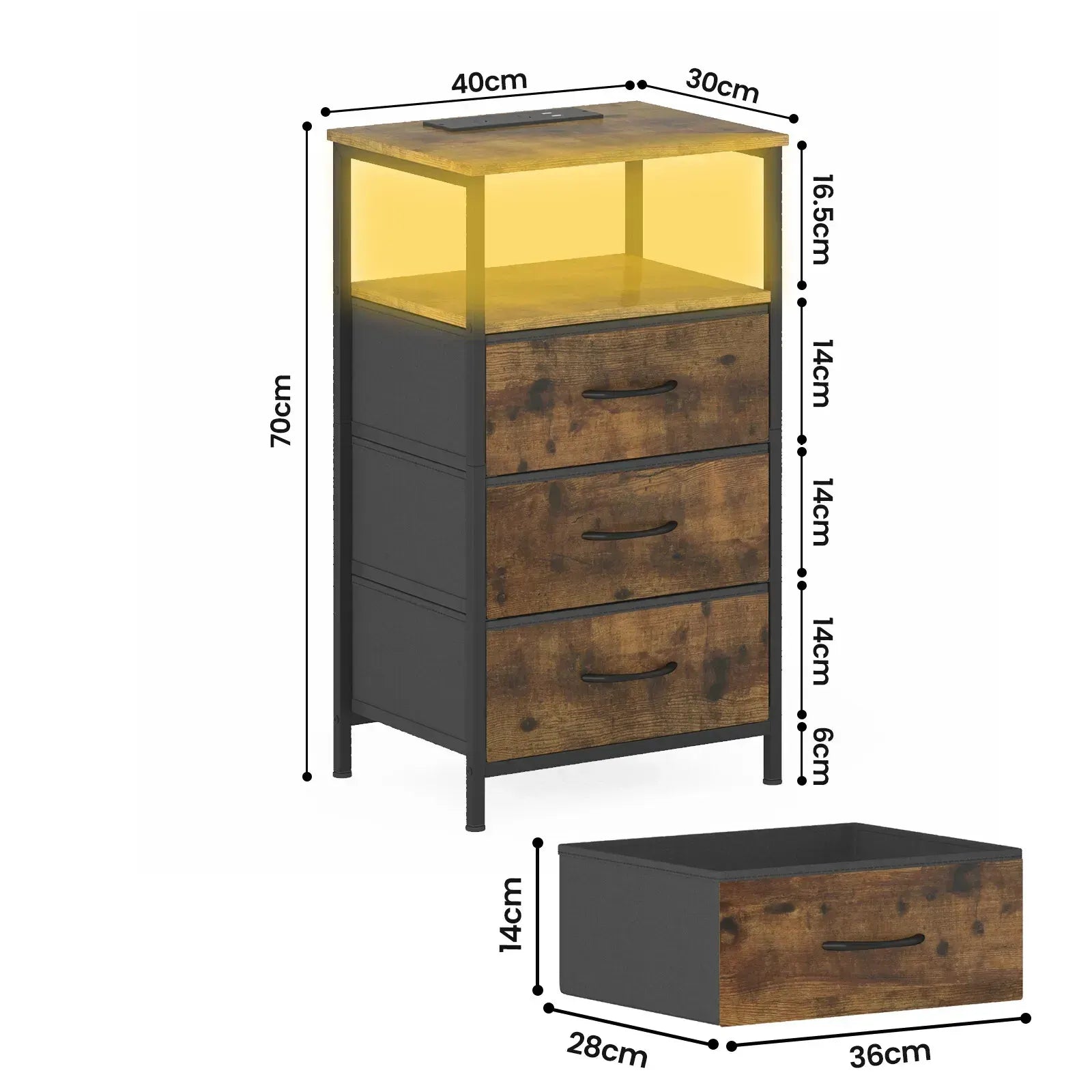 Nightstand with RGB LED Light and Charging Station, Brown, 40x30x70cm - Image 2