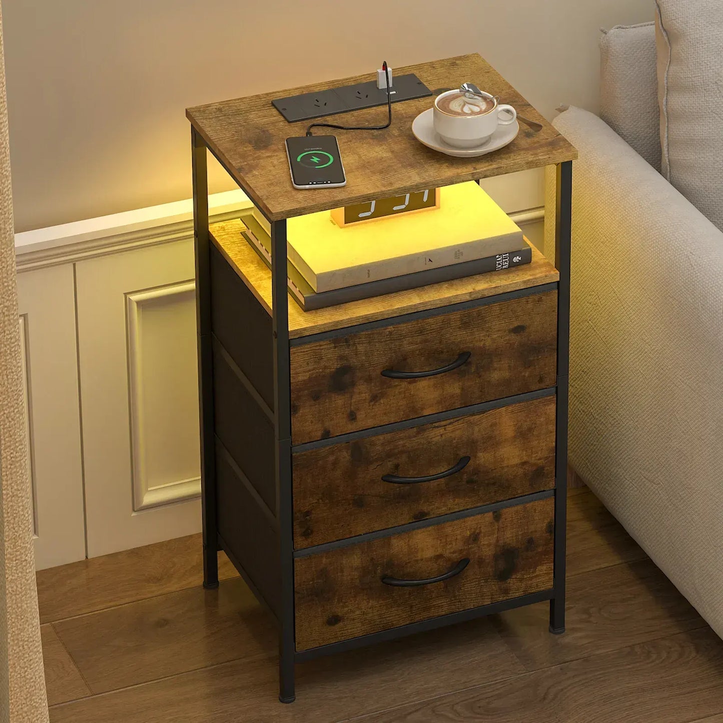 Nightstand with RGB LED Light and Charging Station, Brown, 40x30x70cm - Image 3