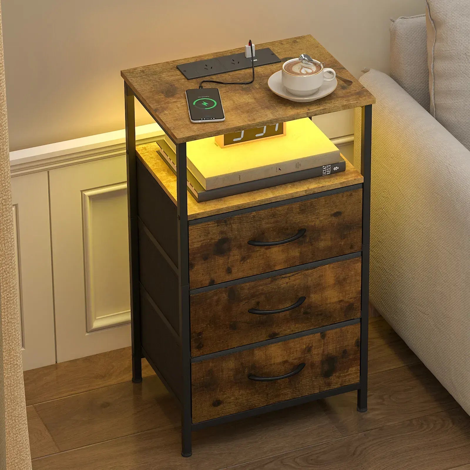 Nightstand with RGB LED Light and Charging Station, Brown, 40x30x70cm - Image 3