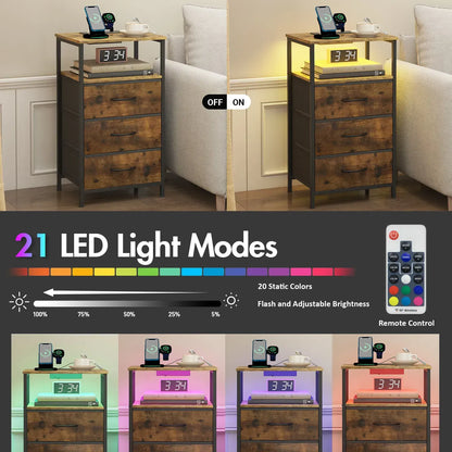 Nightstand with RGB LED Light and Charging Station, Brown, 40x30x70cm - Image 5