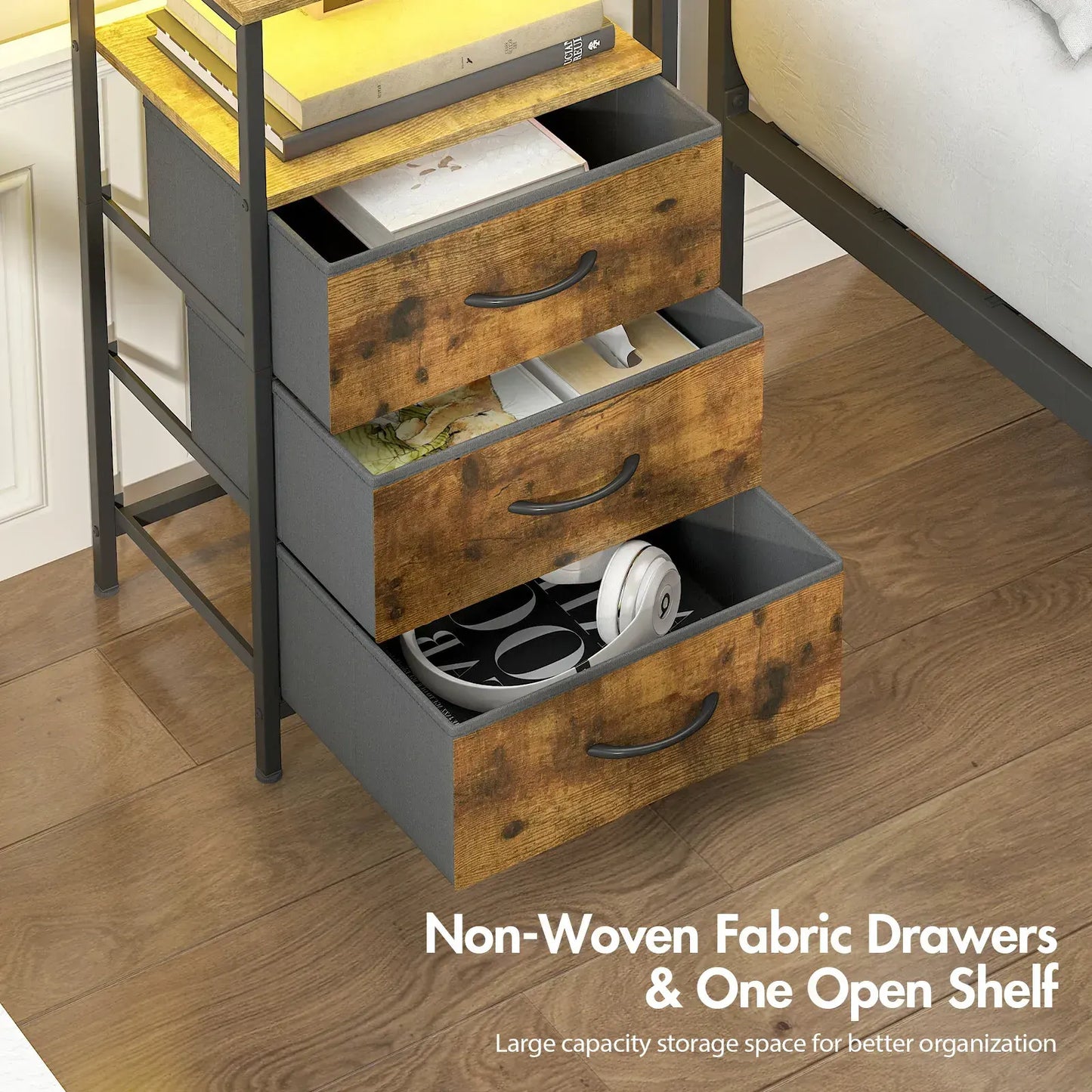 Nightstand with RGB LED Light and Charging Station, Brown, 40x30x70cm - Image 7