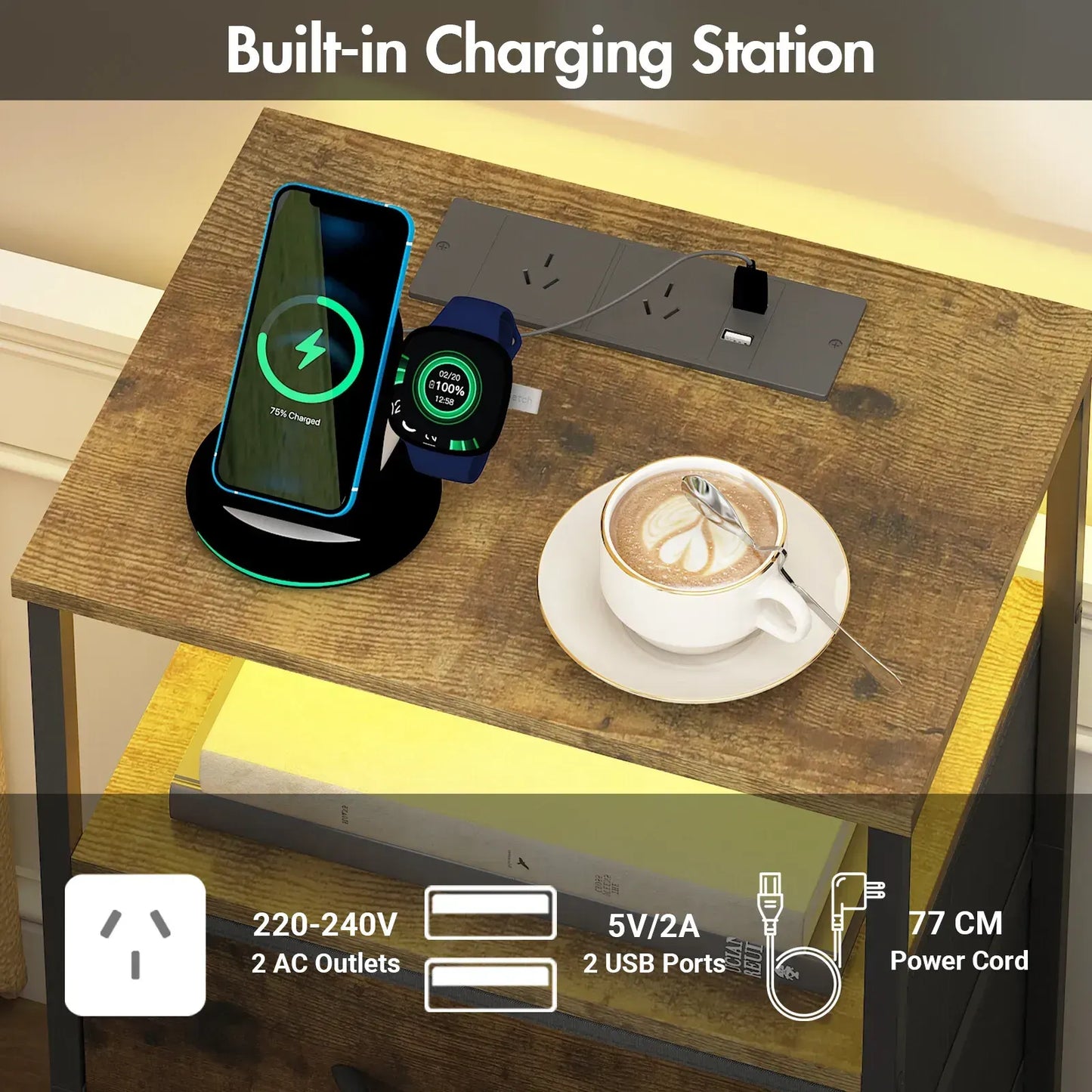 Nightstand with RGB LED Light and Charging Station, Brown, 40x30x70cm - Image 8