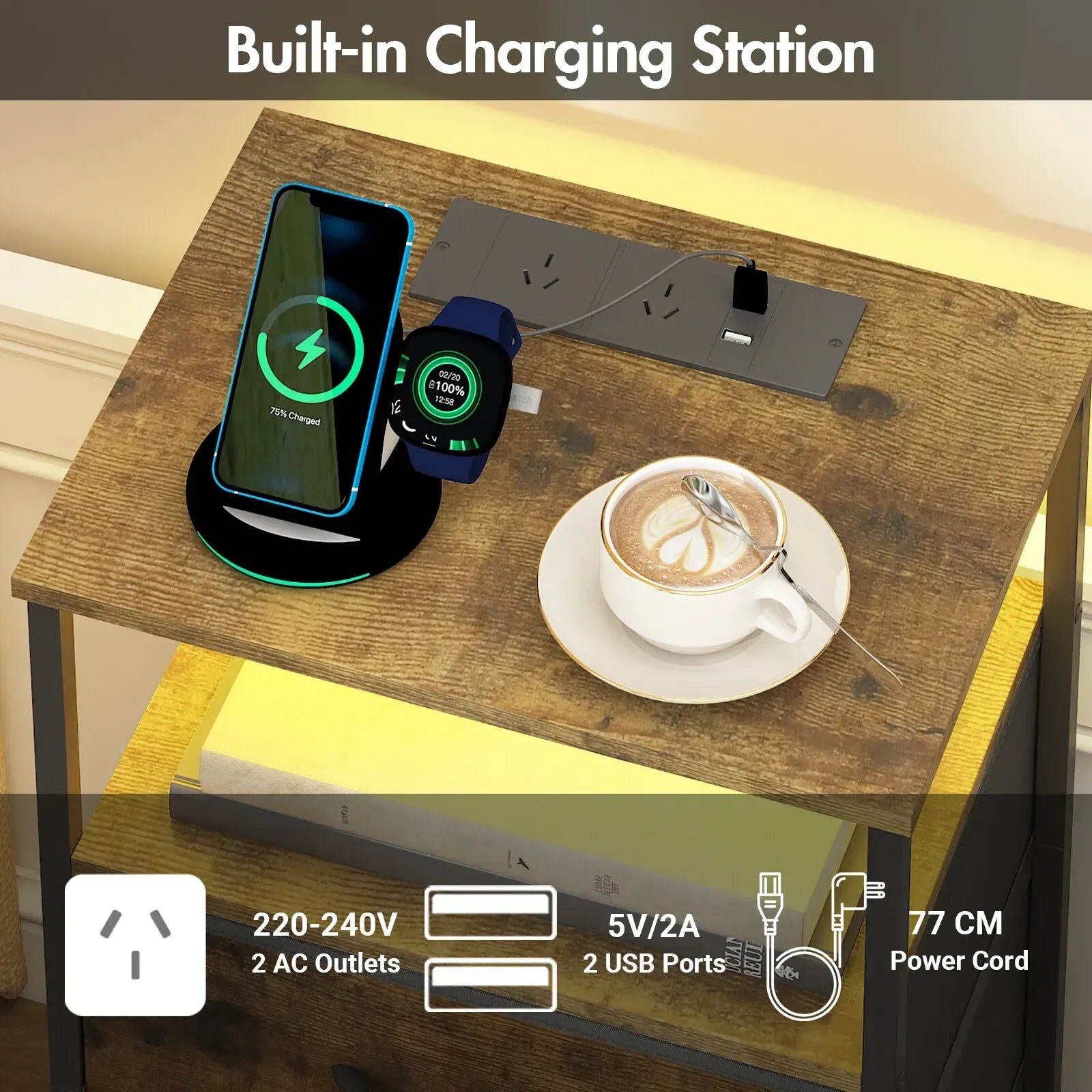 Nightstand with RGB LED Light and Charging Station, Brown, 40x30x70cm - Image 8