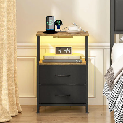 Black and Brown Nightstand with LED Light, Charging Station, and Storage - 60x40cm