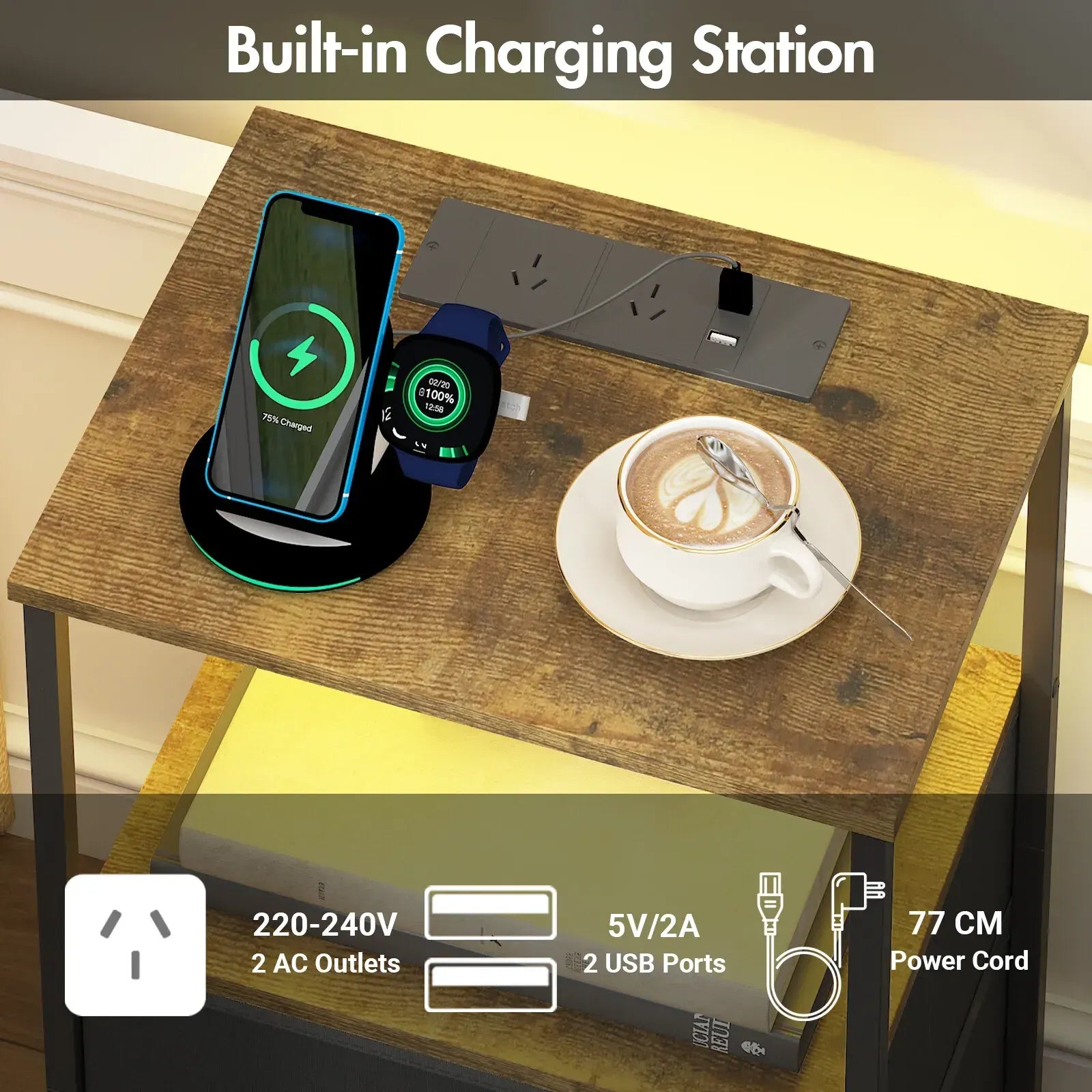 Black and Brown Nightstand with LED Light, Charging Station, and Storage - 60x40cm - Image 2