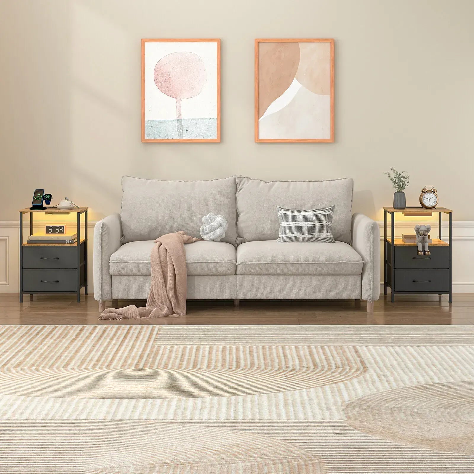 Black and Brown Nightstand with LED Light, Charging Station, and Storage - 60x40cm - Image 3