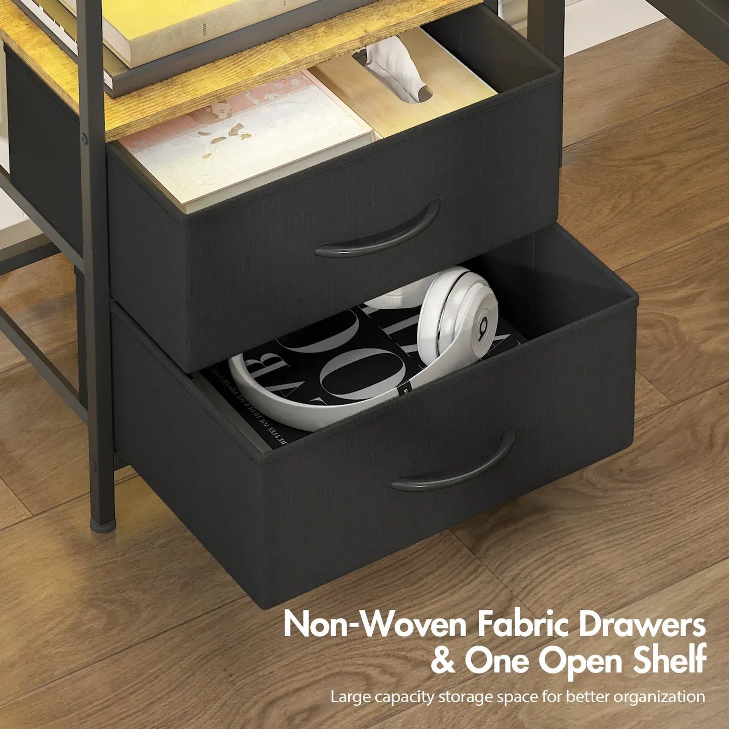 Black and Brown Nightstand with LED Light, Charging Station, and Storage - 60x40cm - Image 4