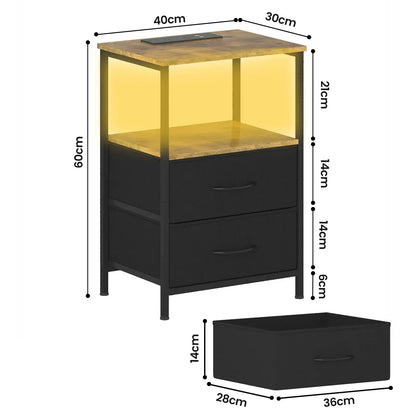 Black and Brown Nightstand with LED Light, Charging Station, and Storage - 60x40cm - Image 5
