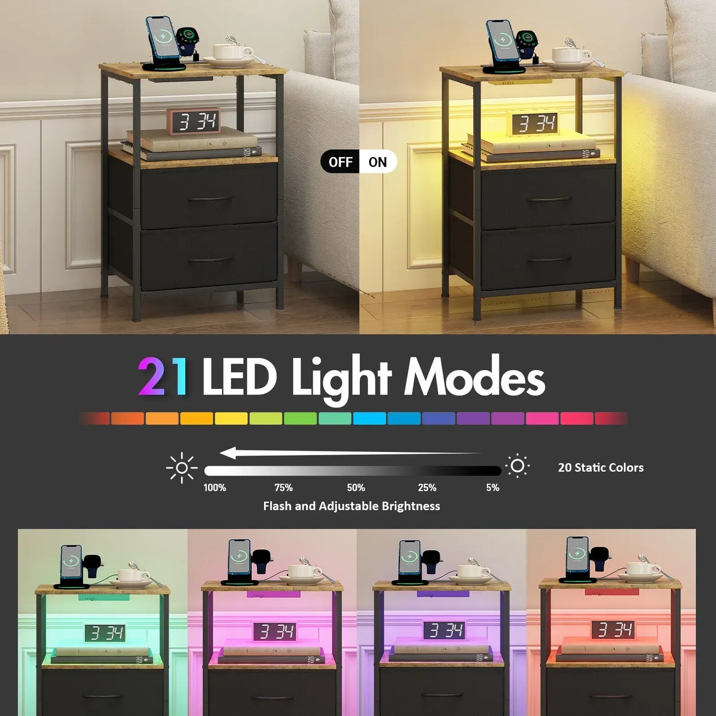 Black and Brown Nightstand with LED Light, Charging Station, and Storage - 60x40cm - Image 6