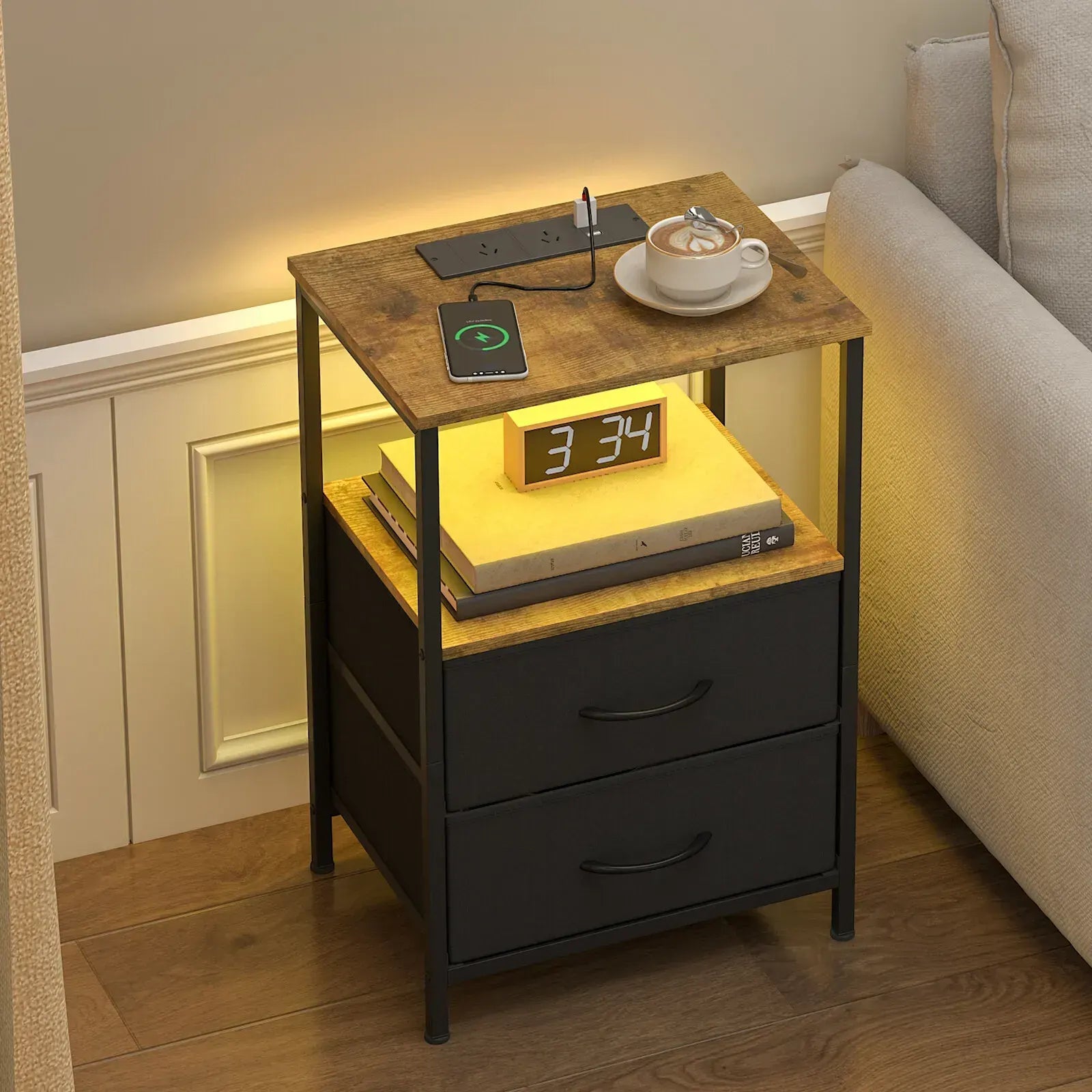 Black and Brown Nightstand with LED Light, Charging Station, and Storage - 60x40cm - Image 7
