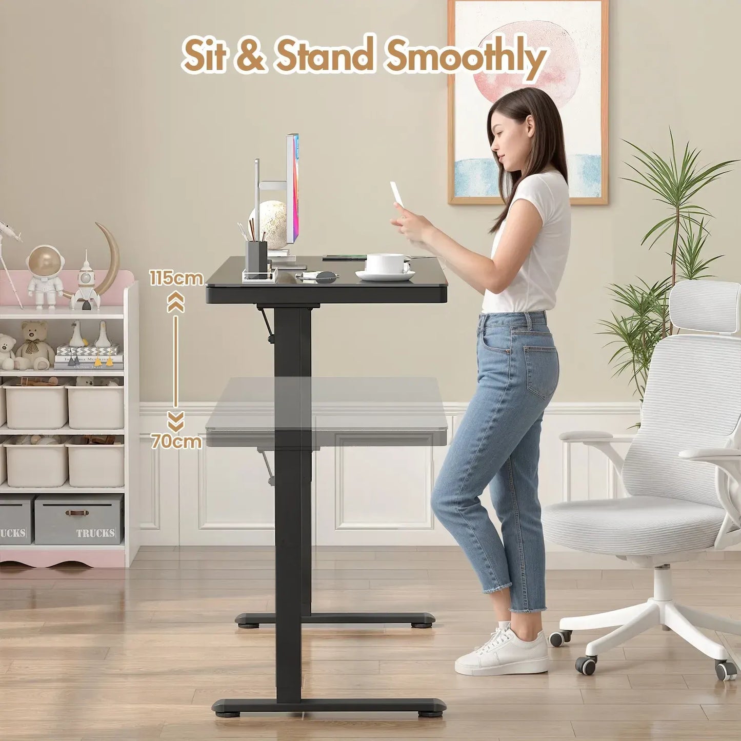Electric Standing Desk with Drawer, One-Piece Glass Desktop, Black, 120x60cm - Image 2