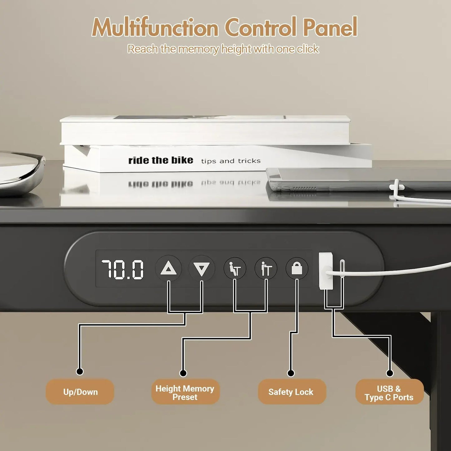 Electric Standing Desk with Drawer, One-Piece Glass Desktop, Black, 120x60cm - Image 4