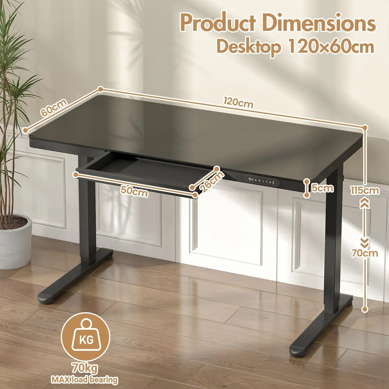 Electric Standing Desk with Drawer, One-Piece Glass Desktop, Black, 120x60cm - Image 5
