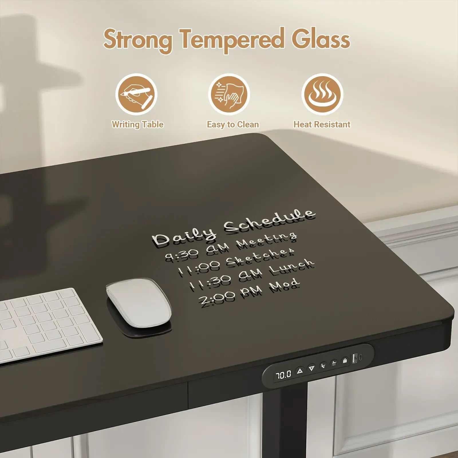 Electric Standing Desk with Drawer, One-Piece Glass Desktop, Black, 120x60cm - Image 7