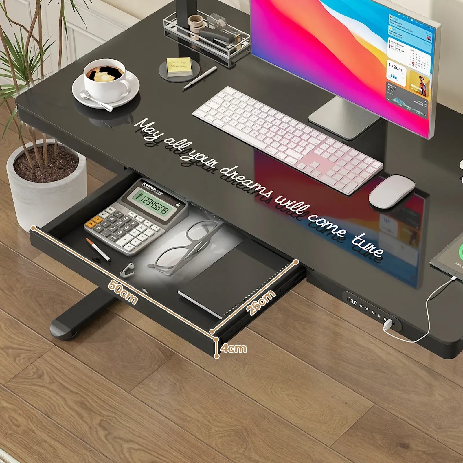 Electric Standing Desk with Drawer, One-Piece Glass Desktop, Black, 120x60cm - Image 9