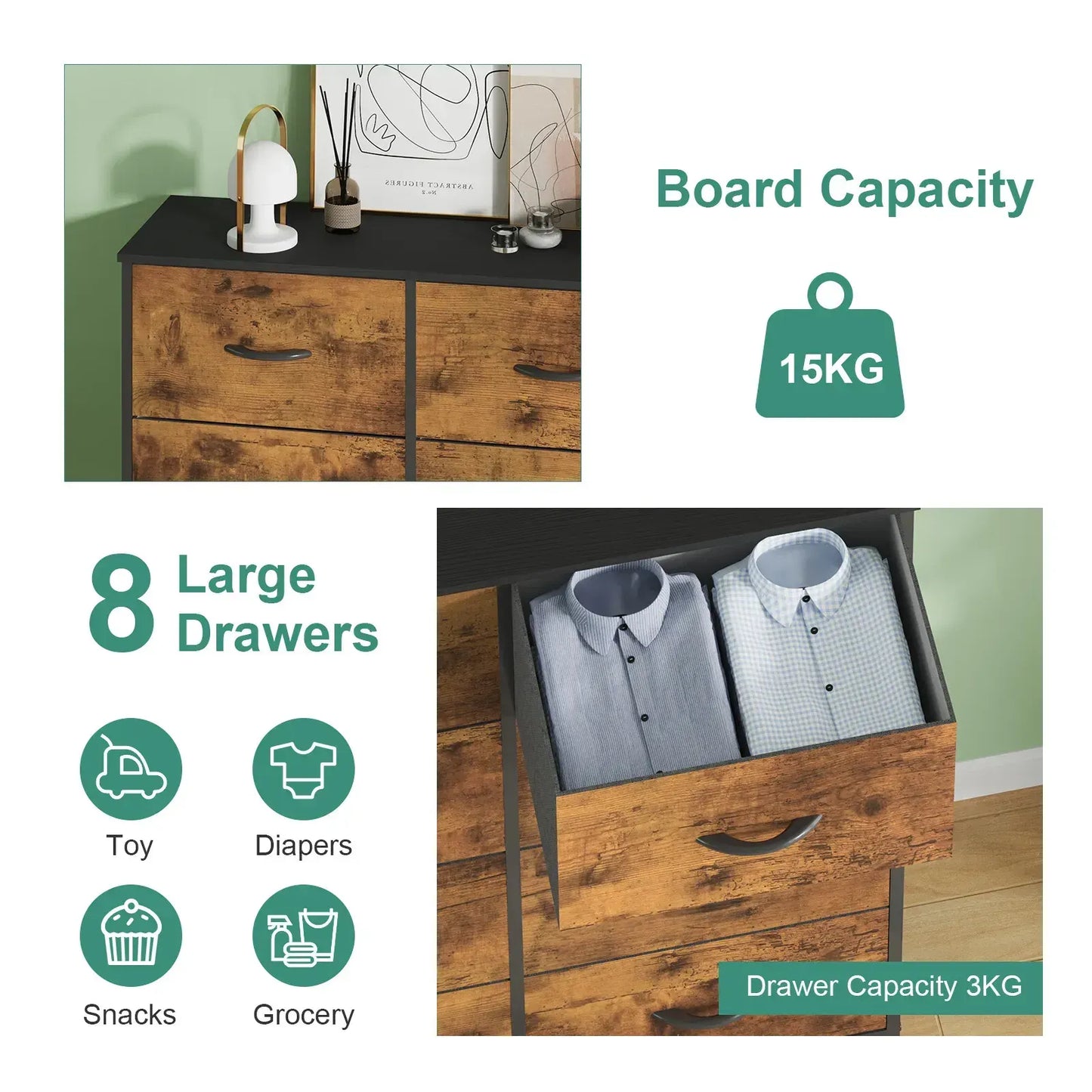 Tallboy Dresser Chest of Drawers in Black - 8 Fabric Drawers, 96x86cm - Image 2